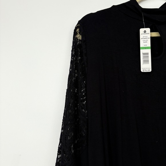 NWT L Joseph A Black Mock Neck Keyhole Bell Sleeve Lace Detail Blouse Top Dressy - Picture 6 of 13
